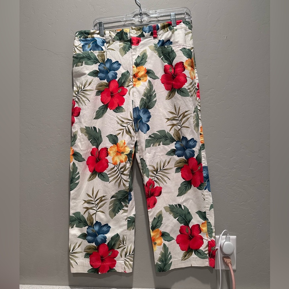Vintage Jamaica Bay Floral Tropical Capri Pants Size 14 Summer Colorful Cotton